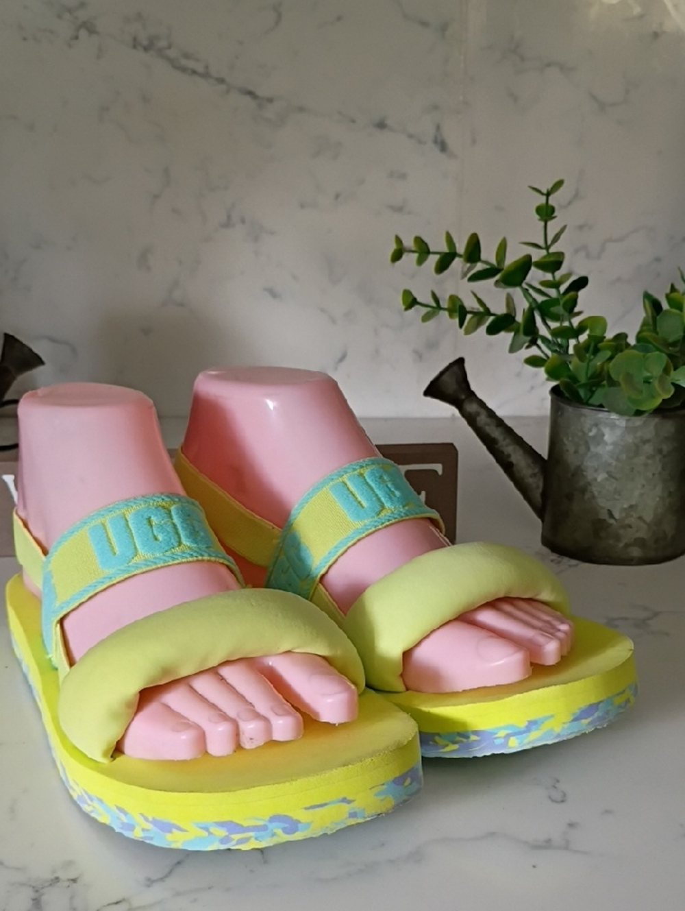 UGG Yellow and Aqua Platform Slide Sandals